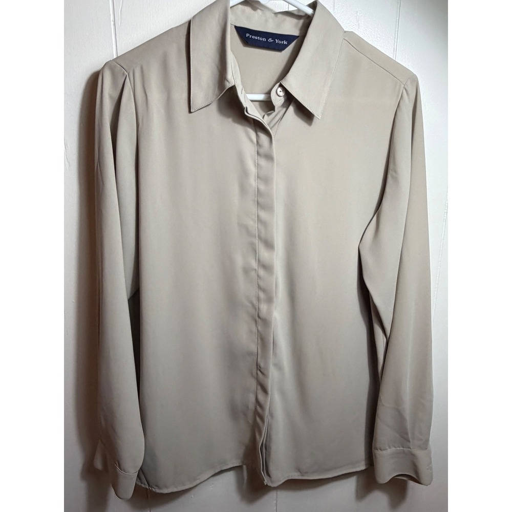 Preston & York Womens Long Sleeve Hidden Button Down Blouse Taupe Beige Size 8